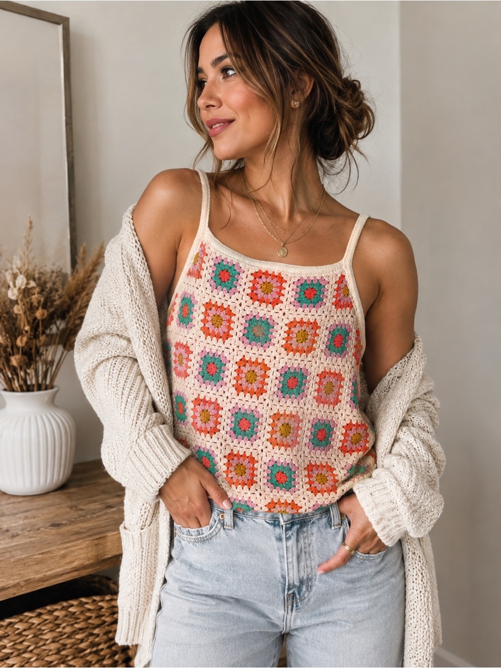 Art Class Girls XL 14/16 Crochet Granny Square Tank Top Boho Colorful